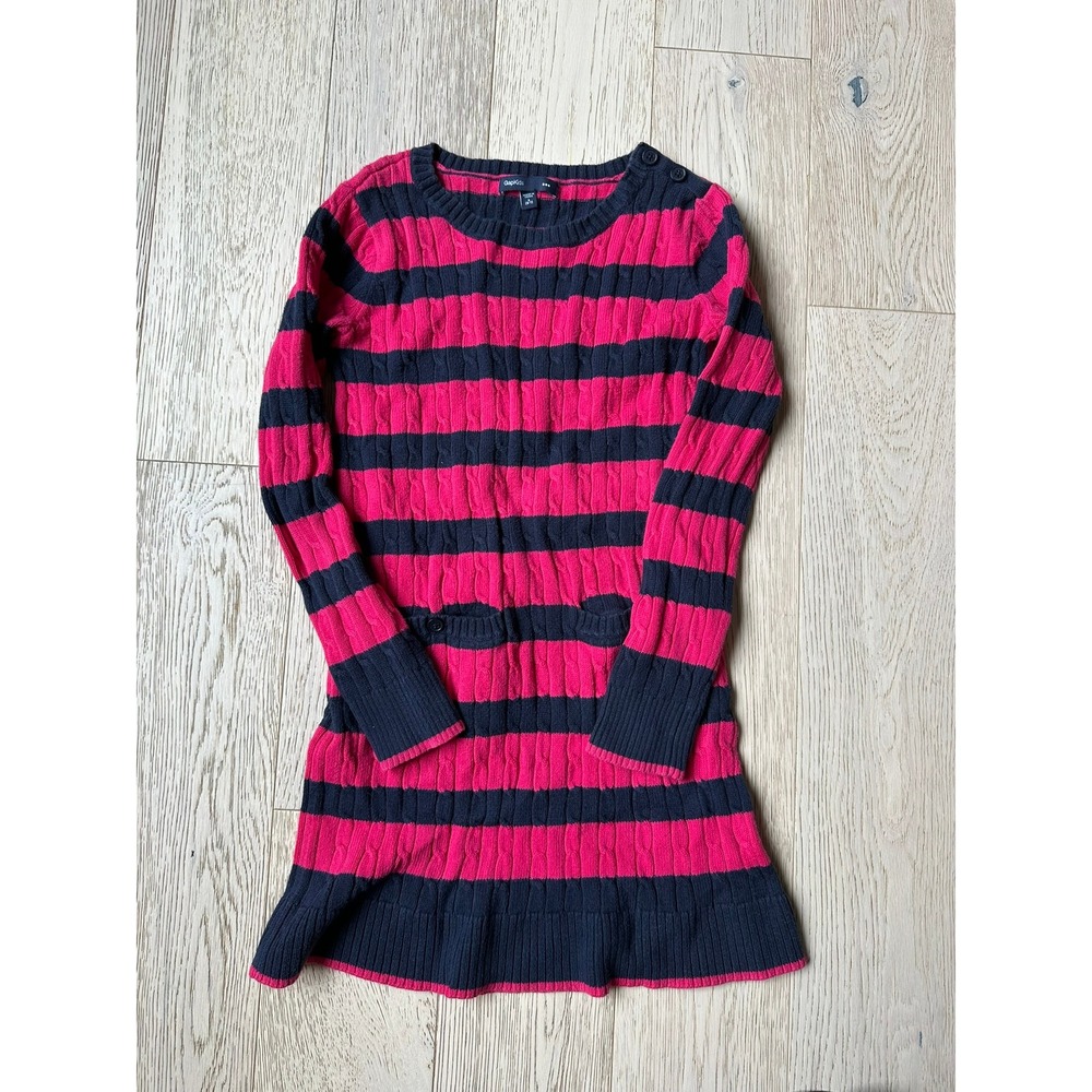 Gap Kids Girls Sweater Dress Pink Navy Blue Striped Cable Knit Size S 6-7